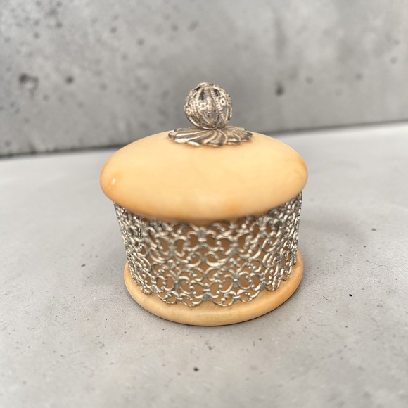 Other - Vintage Alabaster Stone Trinket Box Silver Filigree Metal Lid Ornate Finial 3in